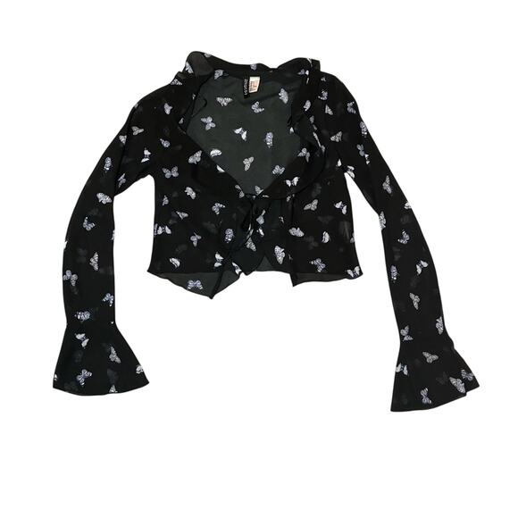 H&M Divided Black Blue Butterfly Sheer Flounce-Trimmed Chiffon Blouse Size Small - Picture 2 of 9